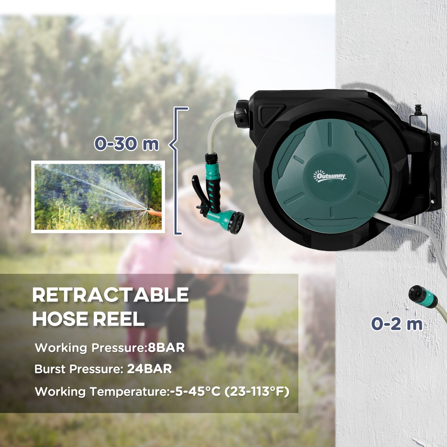 Retractable Hose Reel Wall Mounted with Lock, Green