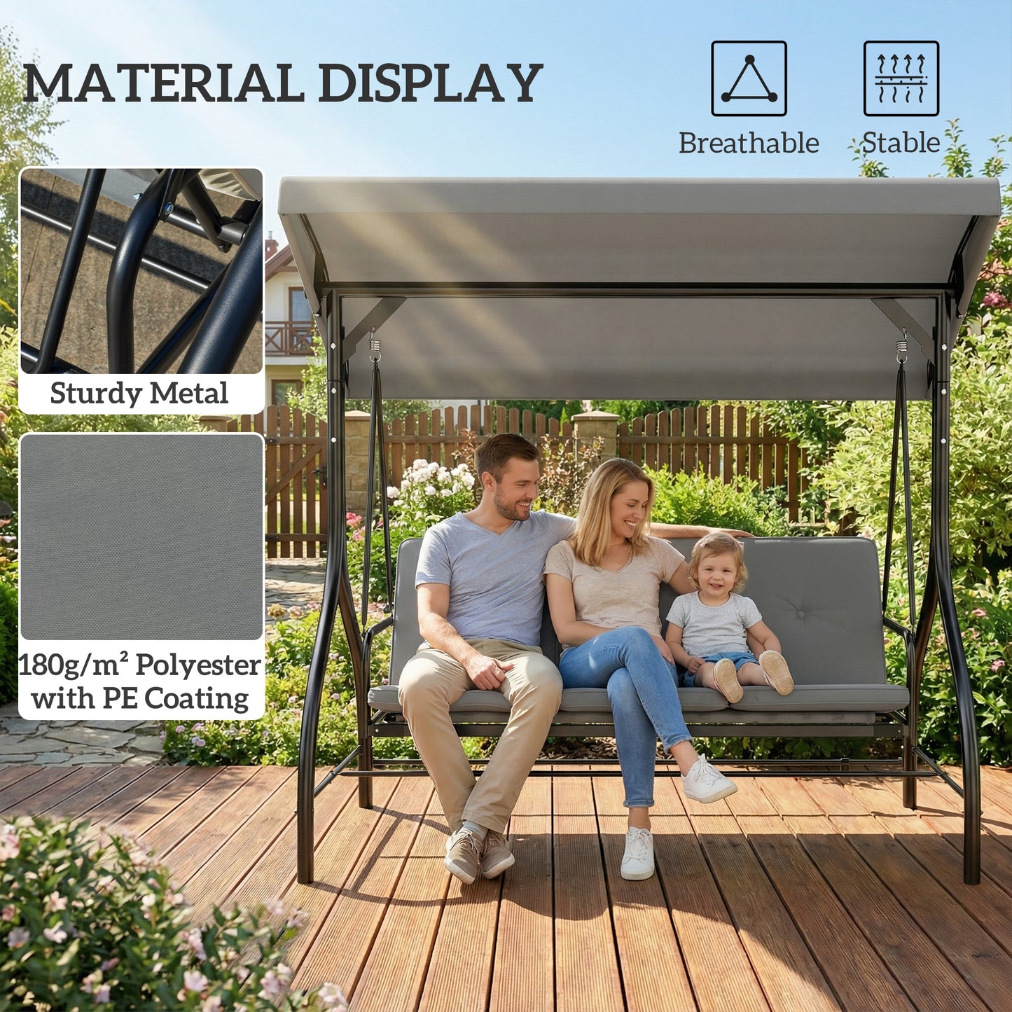 3 Seater Canopy Swing Chair Porch Hammock Bed, Light Grey