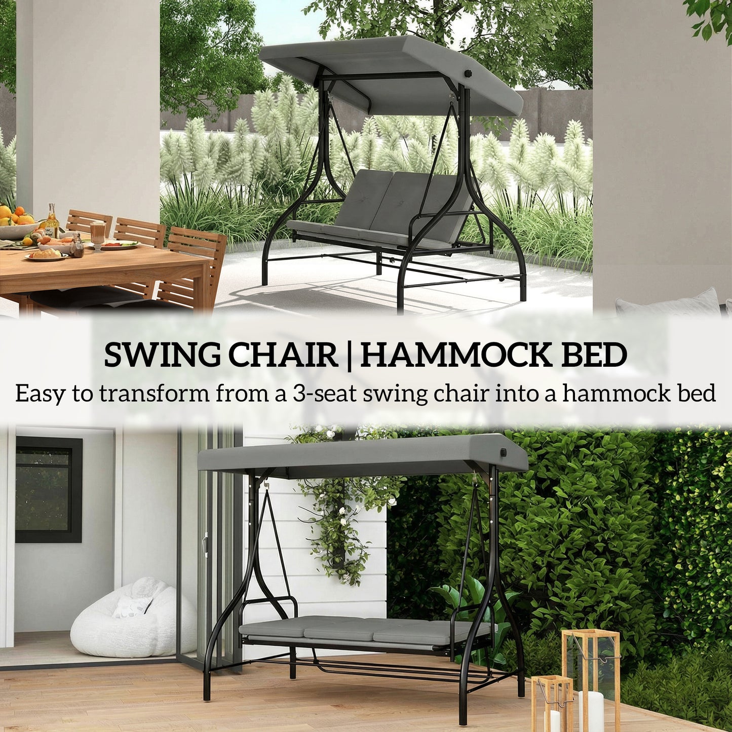 3 Seater Canopy Swing Chair Porch Hammock Bed, Light Grey