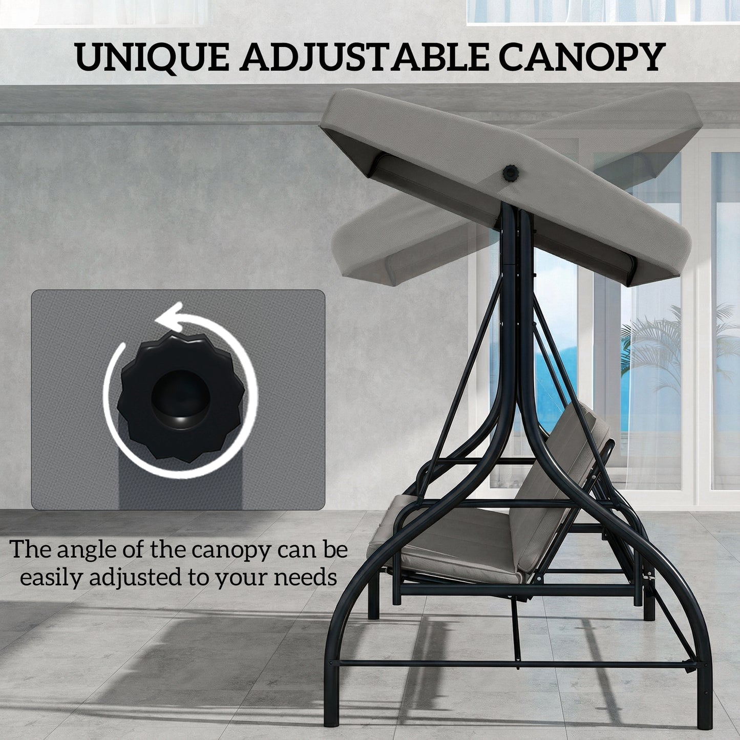 3 Seater Canopy Swing Chair Porch Hammock Bed, Light Grey
