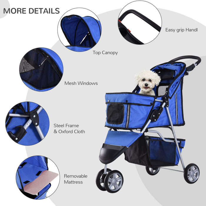 Dog Pram Pet Travel Stroller Dog Pushchair W/Three Wheels-Blue