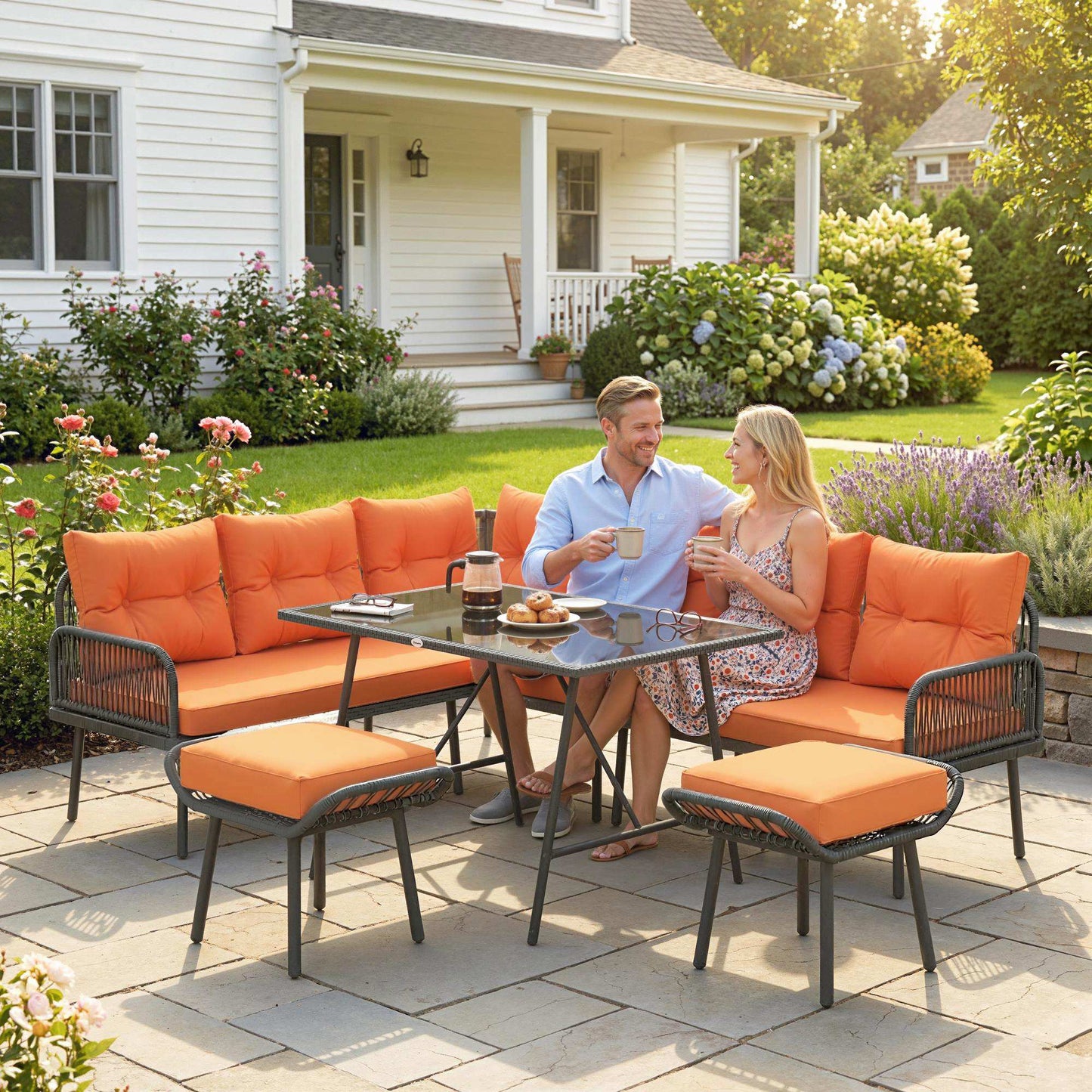 Sectional Outdoor Furniture with Glass Top Table, Orange