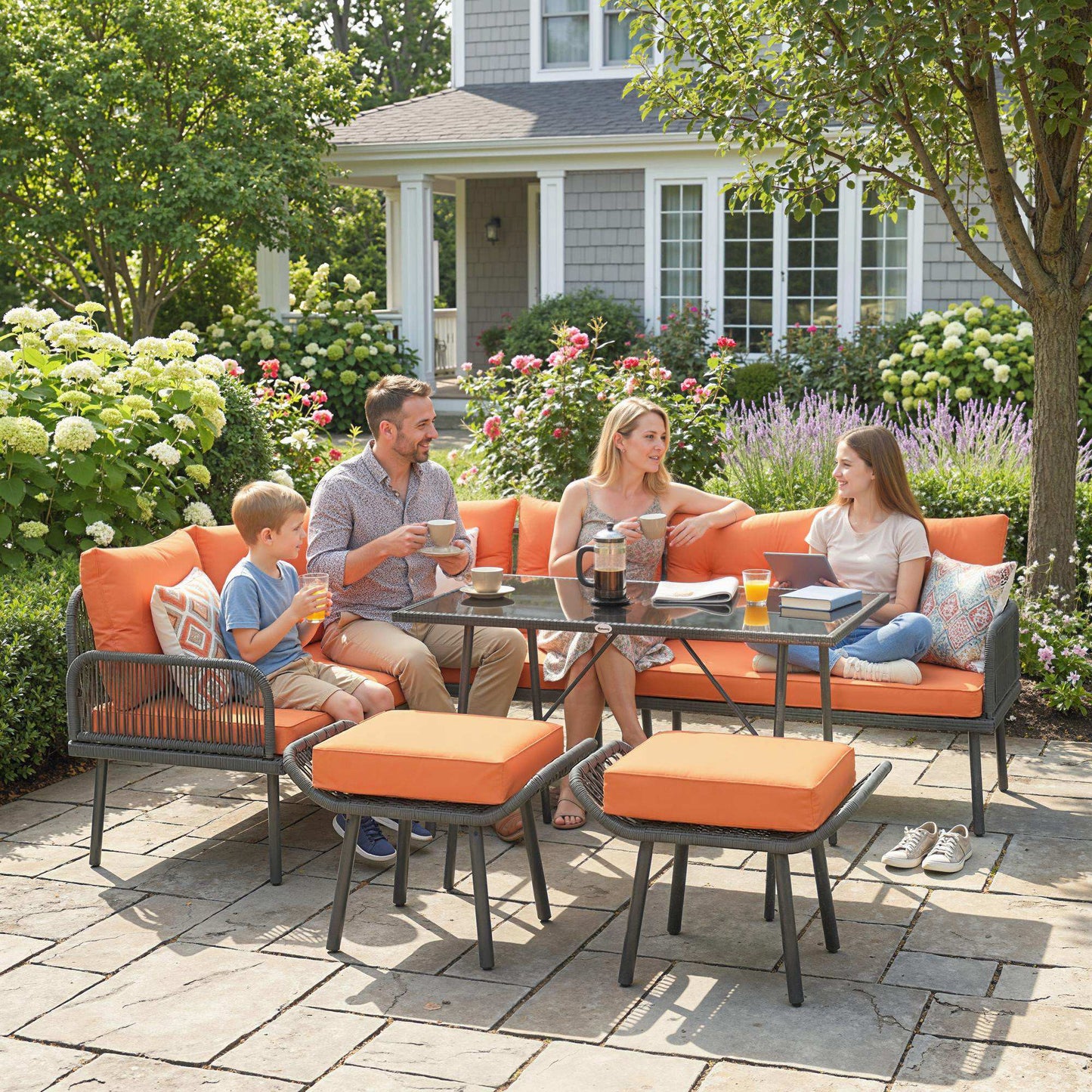 Sectional Outdoor Furniture with Glass Top Table, Orange