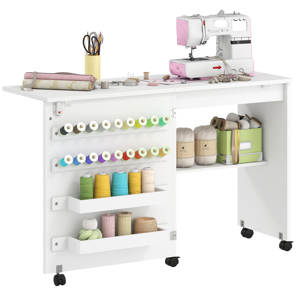 Folding Sewing Table, Craft Table with Storage compartments, White