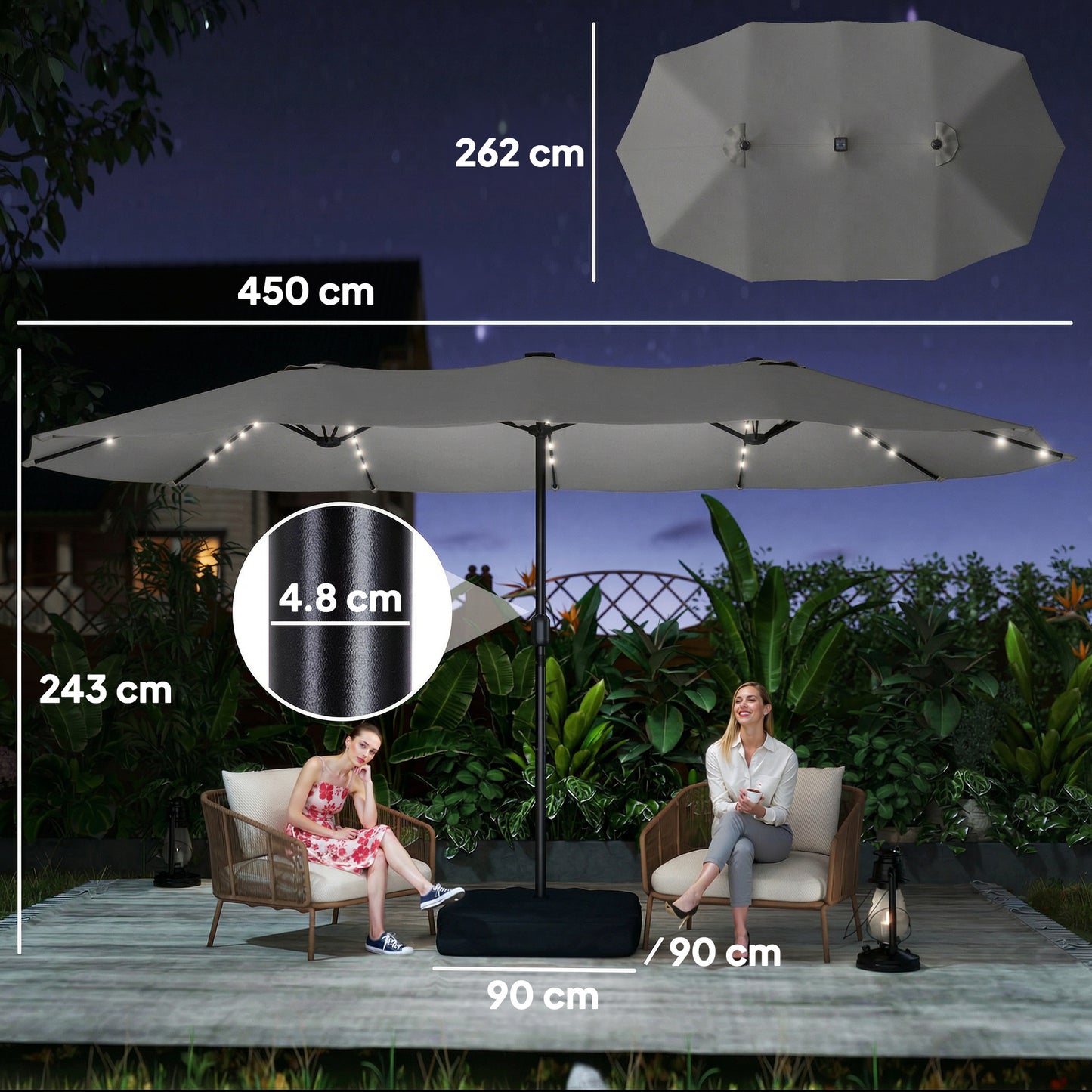 Double Sided Garden Parasol w/ 60 Solar LED Lights 4.5m, Grey