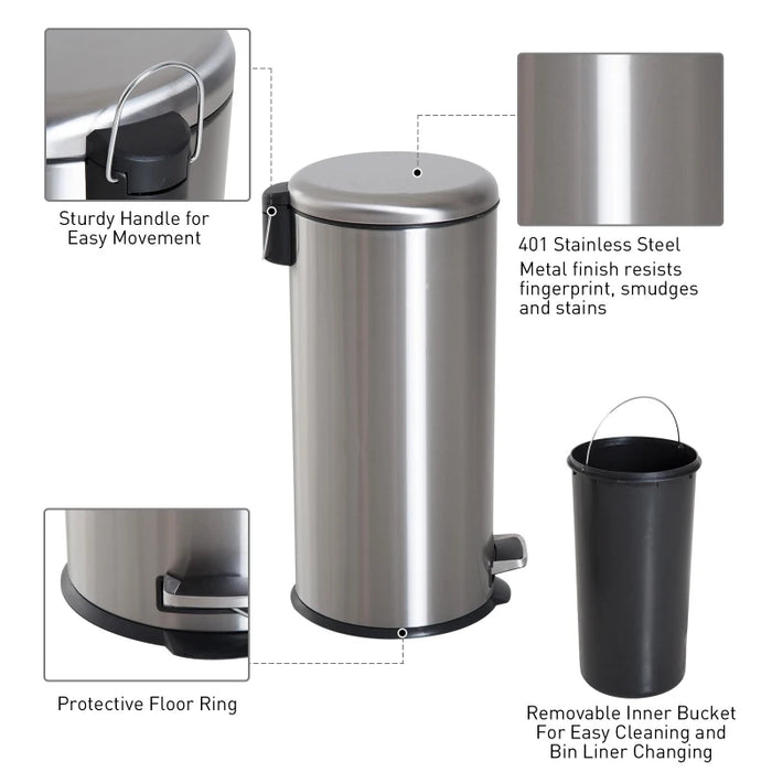 30L Stainless Steel Foot Pedal Bin