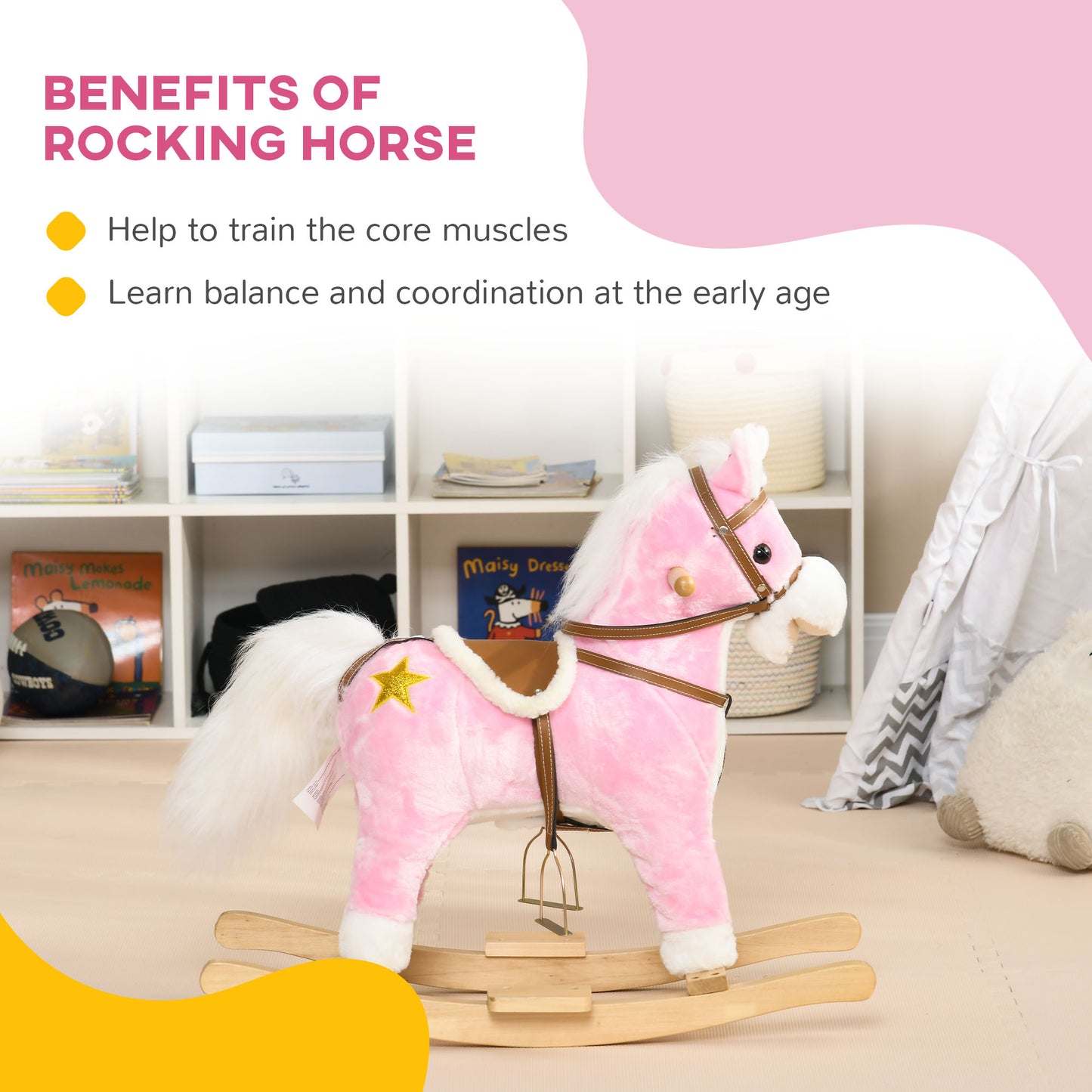 Wooden Ride on Horse, Ride on Pony Gift for Kids 3-6 Years, Pink