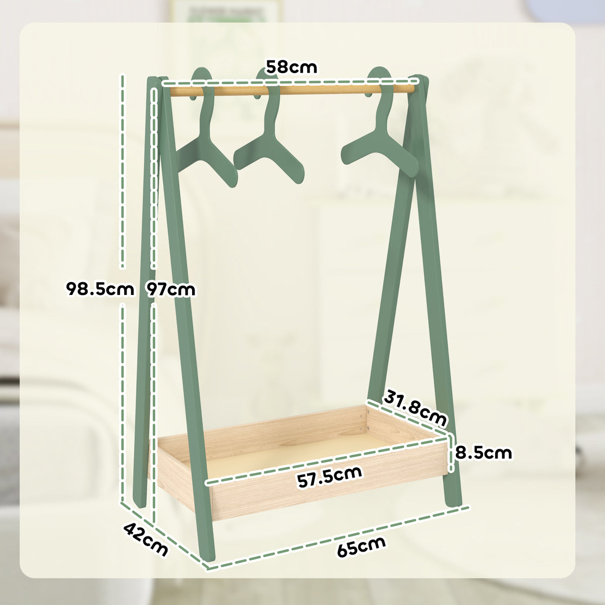 Kids Clothes Rail with Hangers, Base Shelf for Girls, Boys, Green