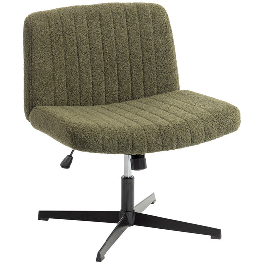 Armless Office Chair No Wheels, Teddy Fleece Criss Cross Legged Desk Chair with Wide Seat, Thick Padding, Rock Function, Height Adjustable Swivel Computer Seat for Home, Green