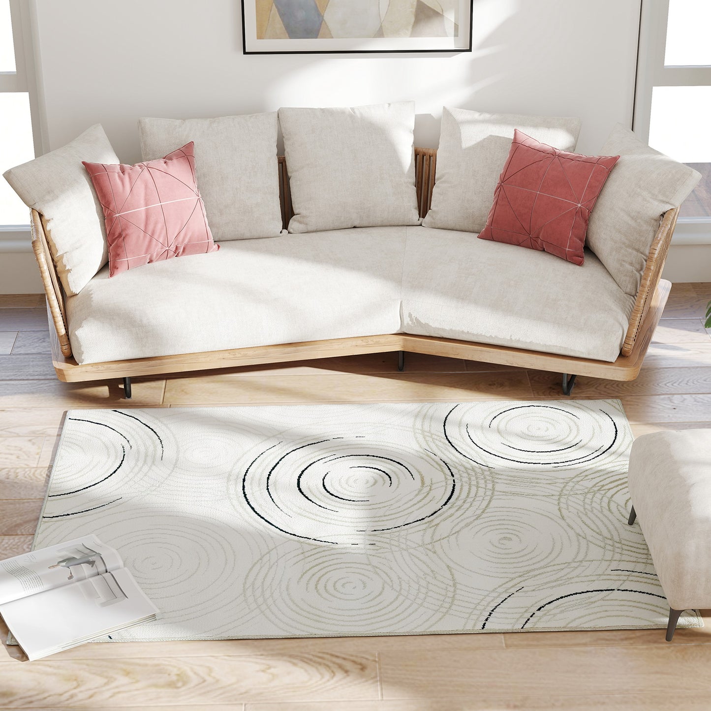 Swirl Pattern Washable Rug, Allergy-Friendly Floor Carpet, Cream
