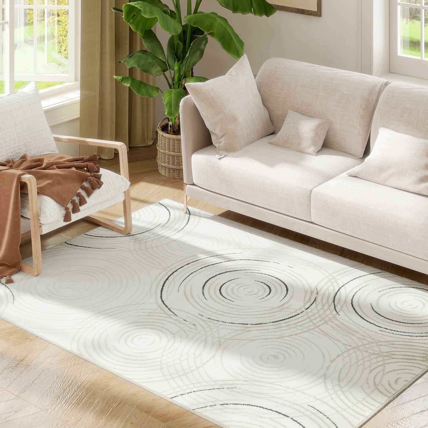 Swirl Pattern Washable Rug, Allergy-Friendly Floor Carpet, Cream