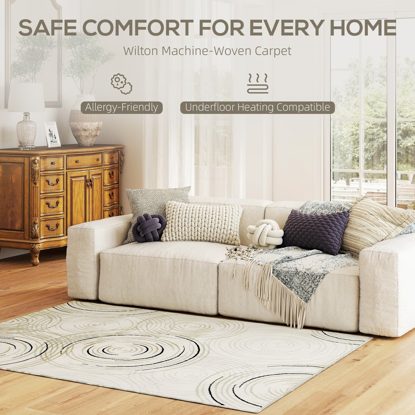 Swirl Pattern Washable Rug, Allergy-Friendly Floor Carpet, Cream