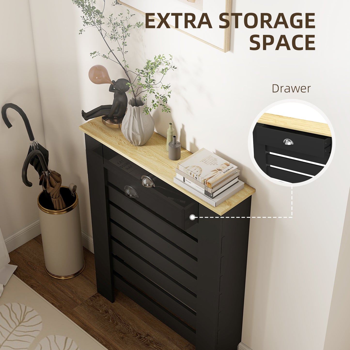 Radiator Cover with Drawer, Horizontal Slat, 78cm, Black
