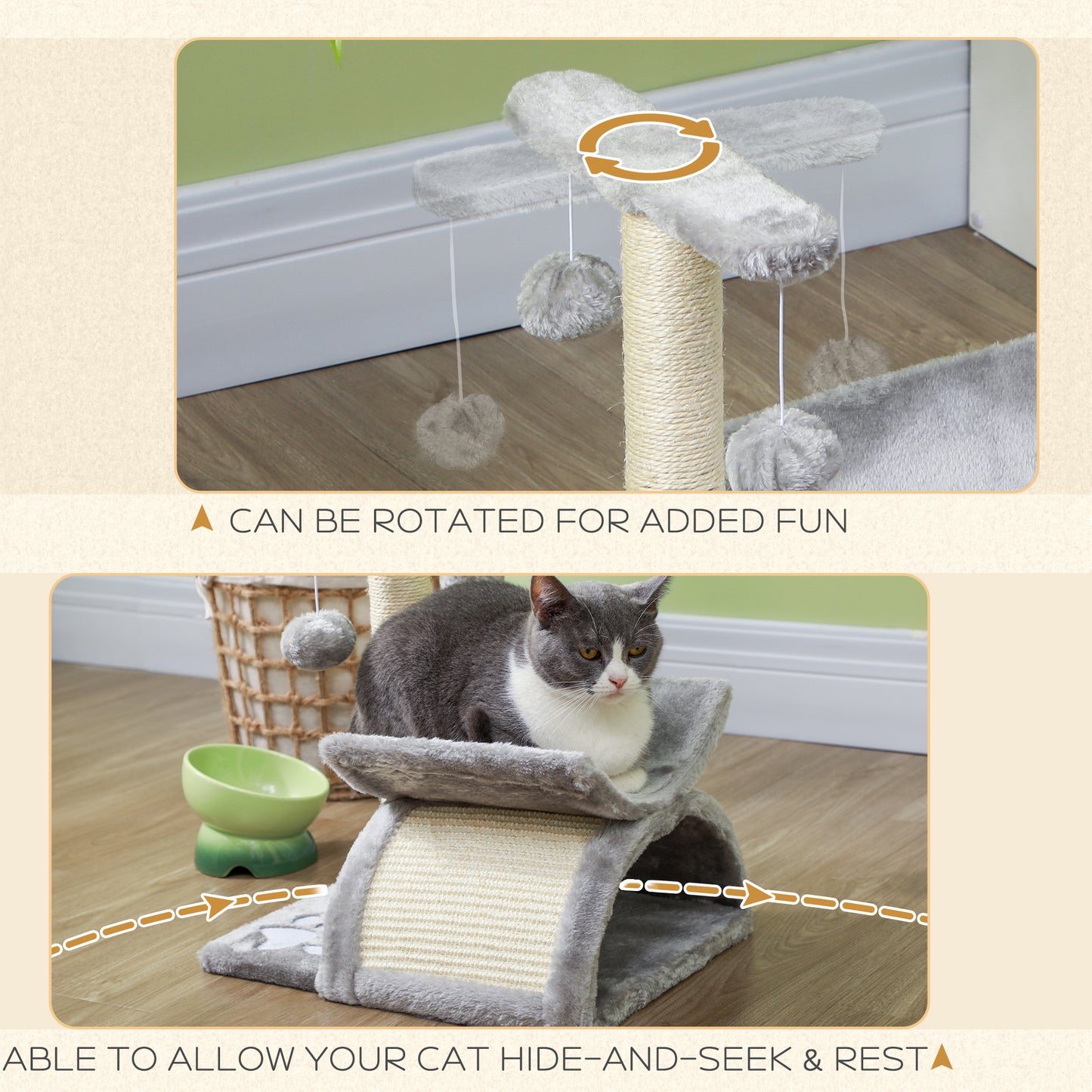 Cat Tree Tower, Rotatable Top Bar, Sisal Post, Tunnel, Balls, Grey