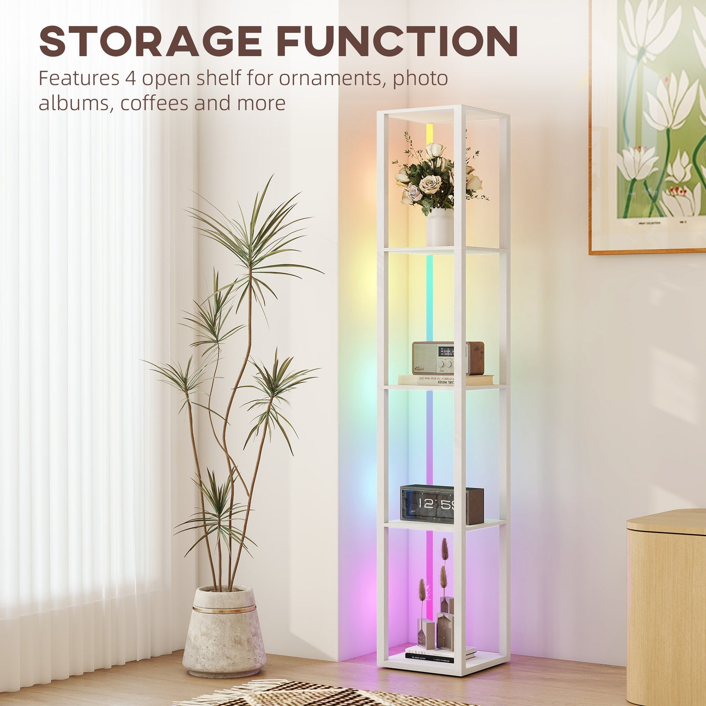 RGB LED Floor Lamp with Shelves and Remote Control for Bedroom, White