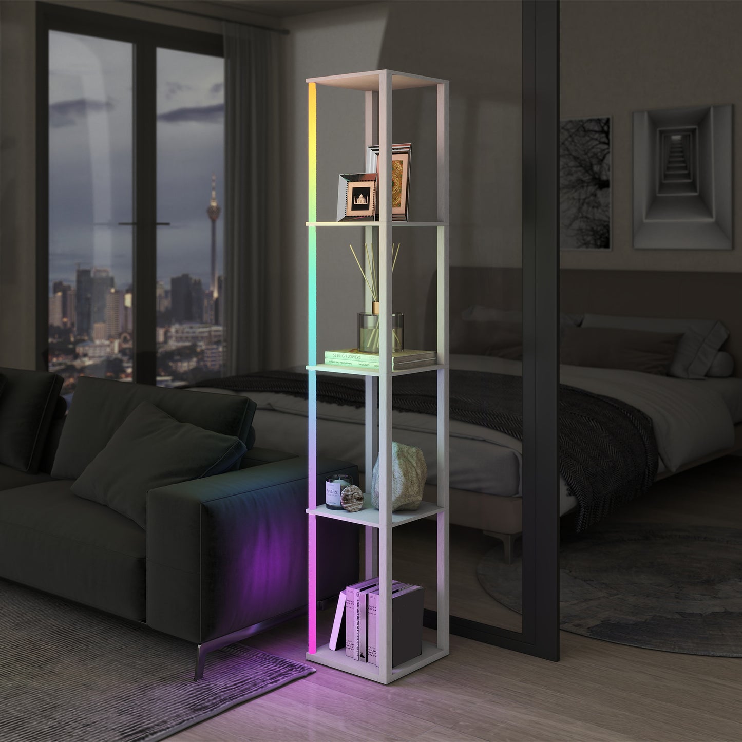 RGB LED Floor Lamp with Shelves and Remote Control for Bedroom, White