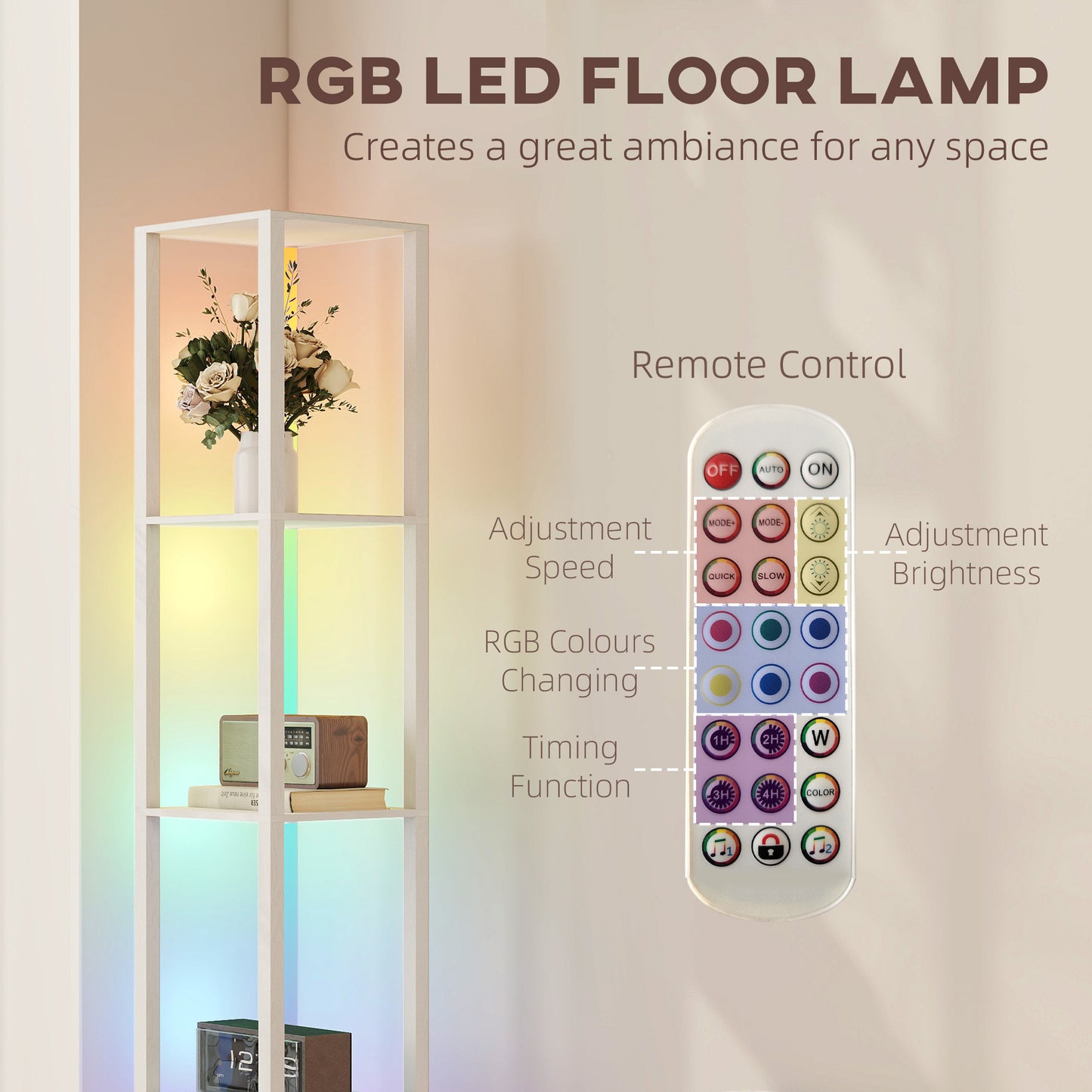 RGB LED Floor Lamp with Shelves and Remote Control for Bedroom, White