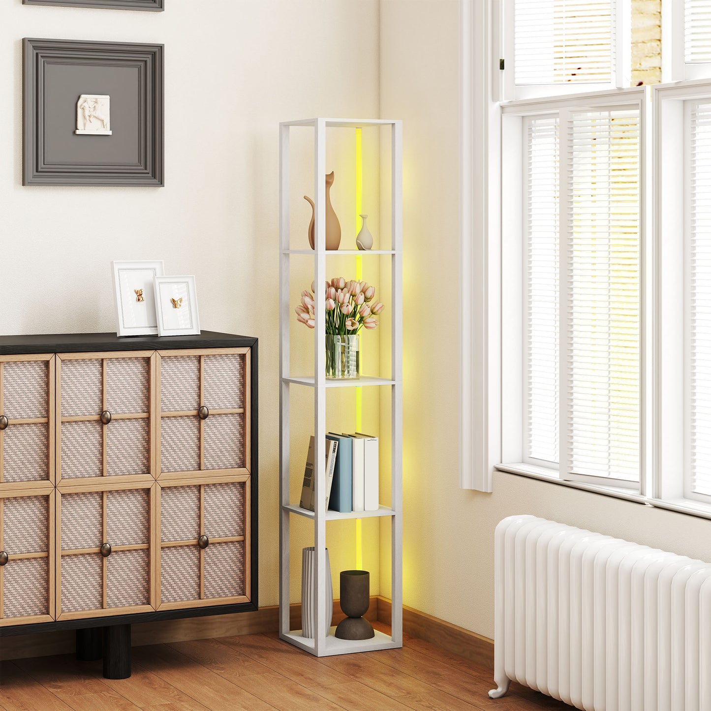 RGB LED Floor Lamp with Shelves and Remote Control for Bedroom, White