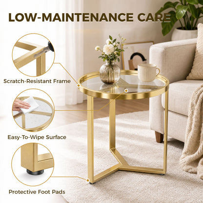 Round Side Table with Tempered Glass Top, Modern End Table with Geometric Metal Frame for Small Space, Living Room and Bedroom, Gold Tone