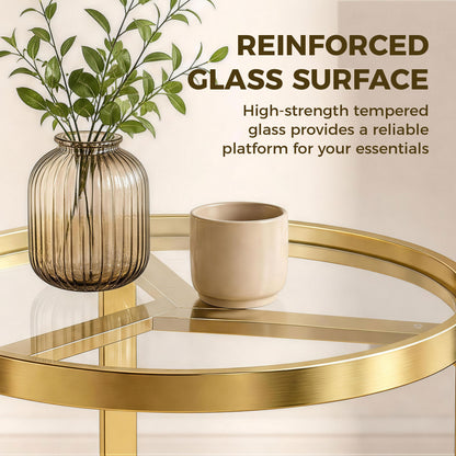 Round Side Table with Tempered Glass Top, Modern End Table with Geometric Metal Frame for Small Space, Living Room and Bedroom, Gold Tone