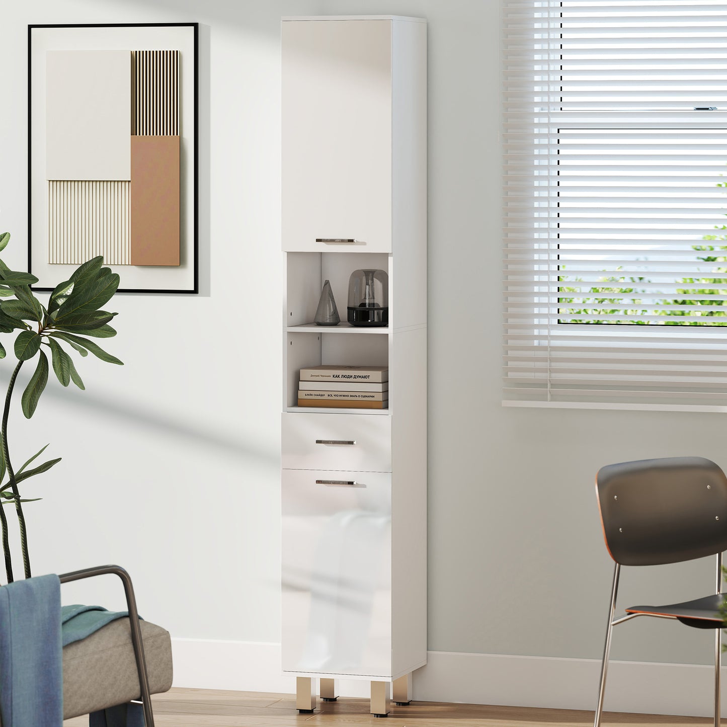 kleankin Tall Narrow Bathroom Storage Cabinet Cupboard w/ Cabinets, White