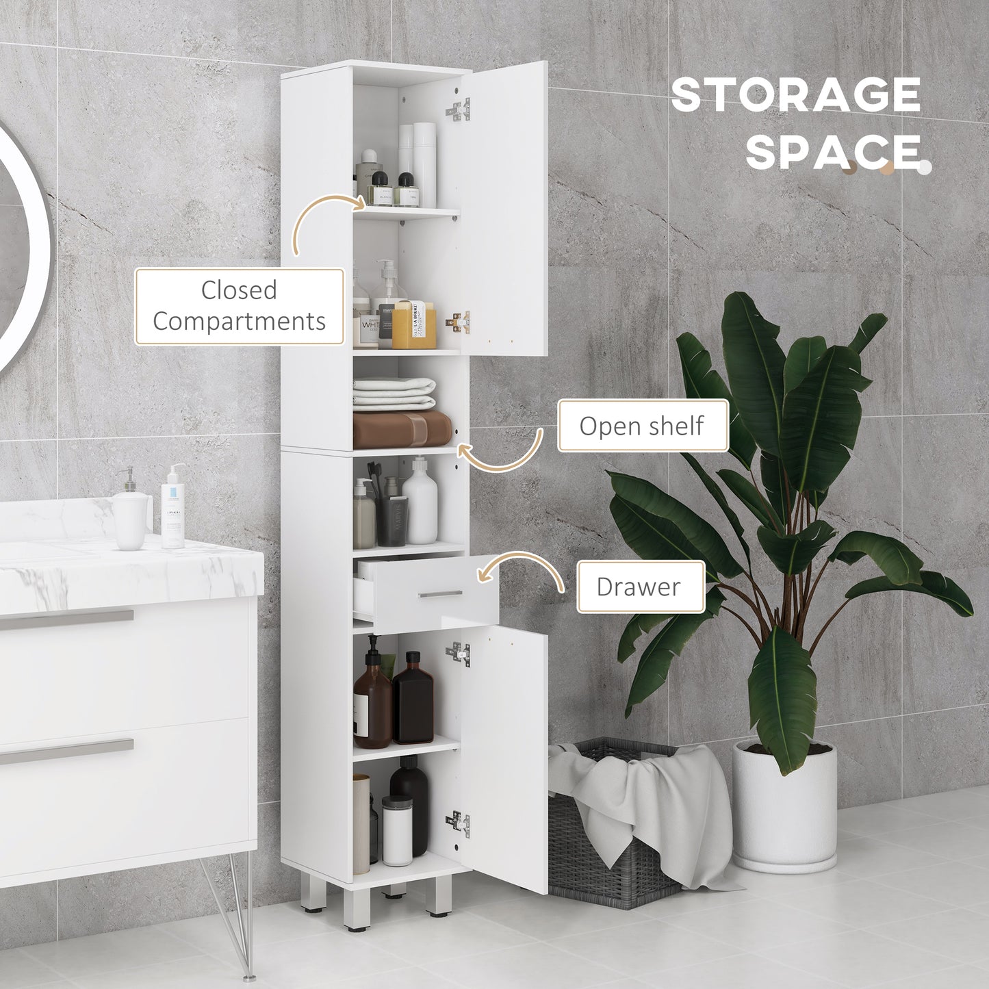 kleankin Tall Narrow Bathroom Storage Cabinet Cupboard w/ Cabinets, White