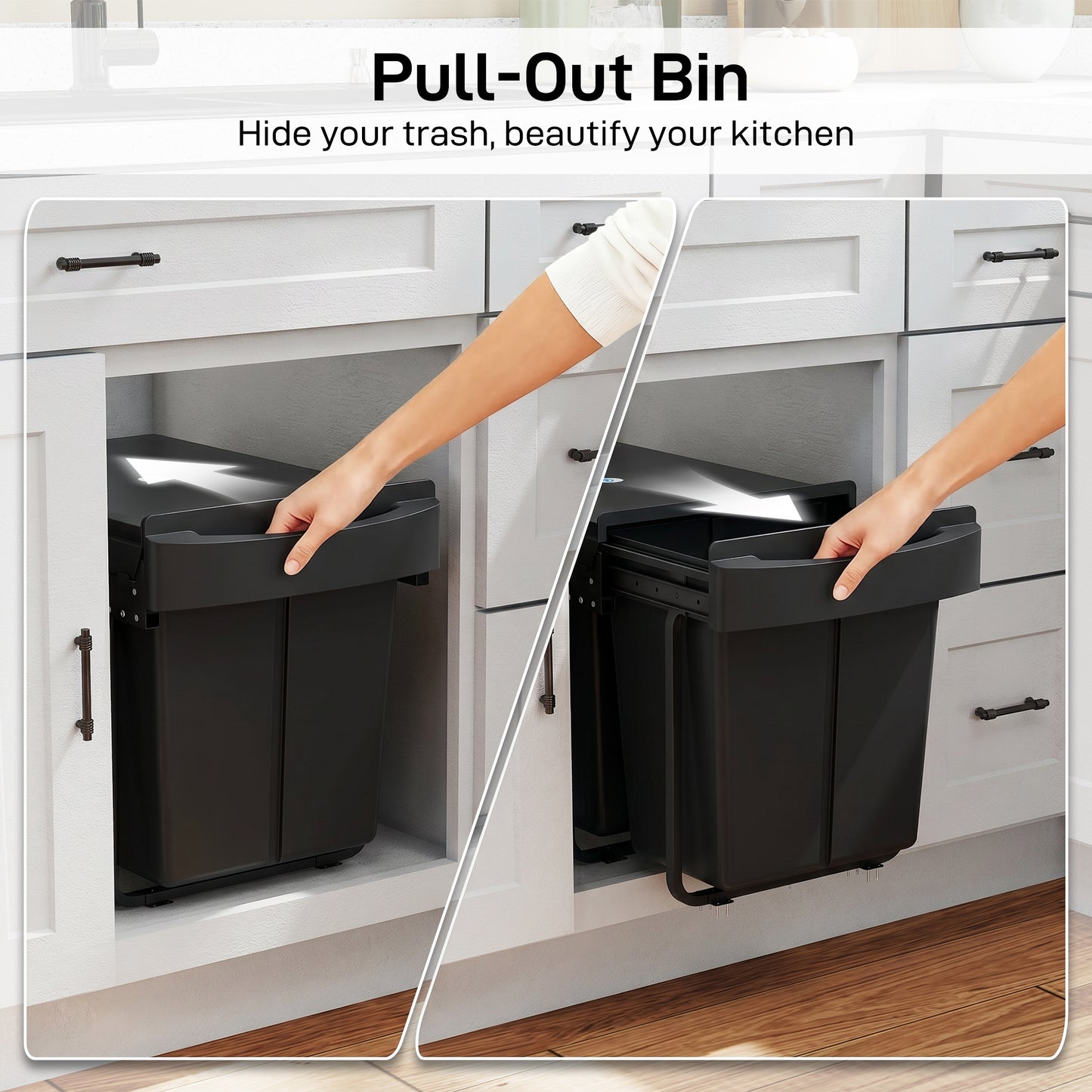 Pull Out Bin with Smooth Glide and Frosted Storage Lid, Soft-Close Kitchen Under Sink Bin with 2 Removable Compartments and Handle for Waste and Recycling, 40L (20L+20L), Black