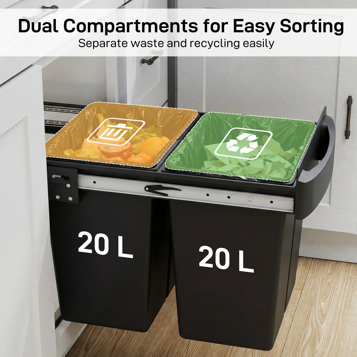 Pull Out Bin with Smooth Glide and Frosted Storage Lid, Soft-Close Kitchen Under Sink Bin with 2 Removable Compartments and Handle for Waste and Recycling, 40L (20L+20L), Black
