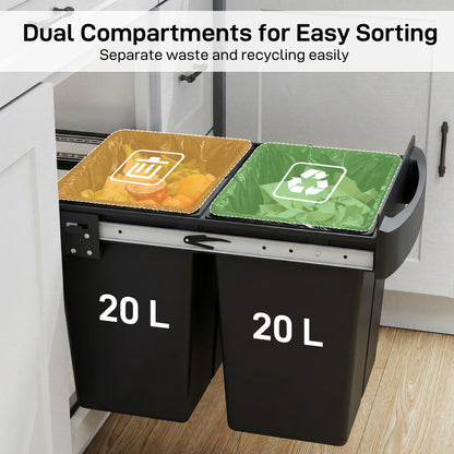 Pull Out Bin with Smooth Glide and Frosted Storage Lid, Soft-Close Kitchen Under Sink Bin with 2 Removable Compartments and Handle for Waste and Recycling, 40L (20L+20L), Black