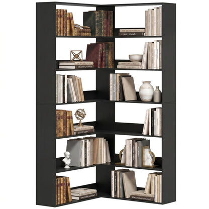 7 Tiers Corner Bookshelf, L-Shaped Bookcase with Anti-Slip Rear Guard, Storage Shelves for Living Room, Bedroom and Home Office, 90W x 90D x 180H cm, Black Wood Effect