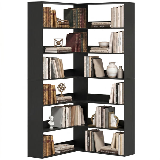 7 Tiers Corner Bookshelf, L-Shaped Bookcase with Anti-Slip Rear Guard, Storage Shelves for Living Room, Bedroom and Home Office, 90W x 90D x 180H cm, Black Wood Effect