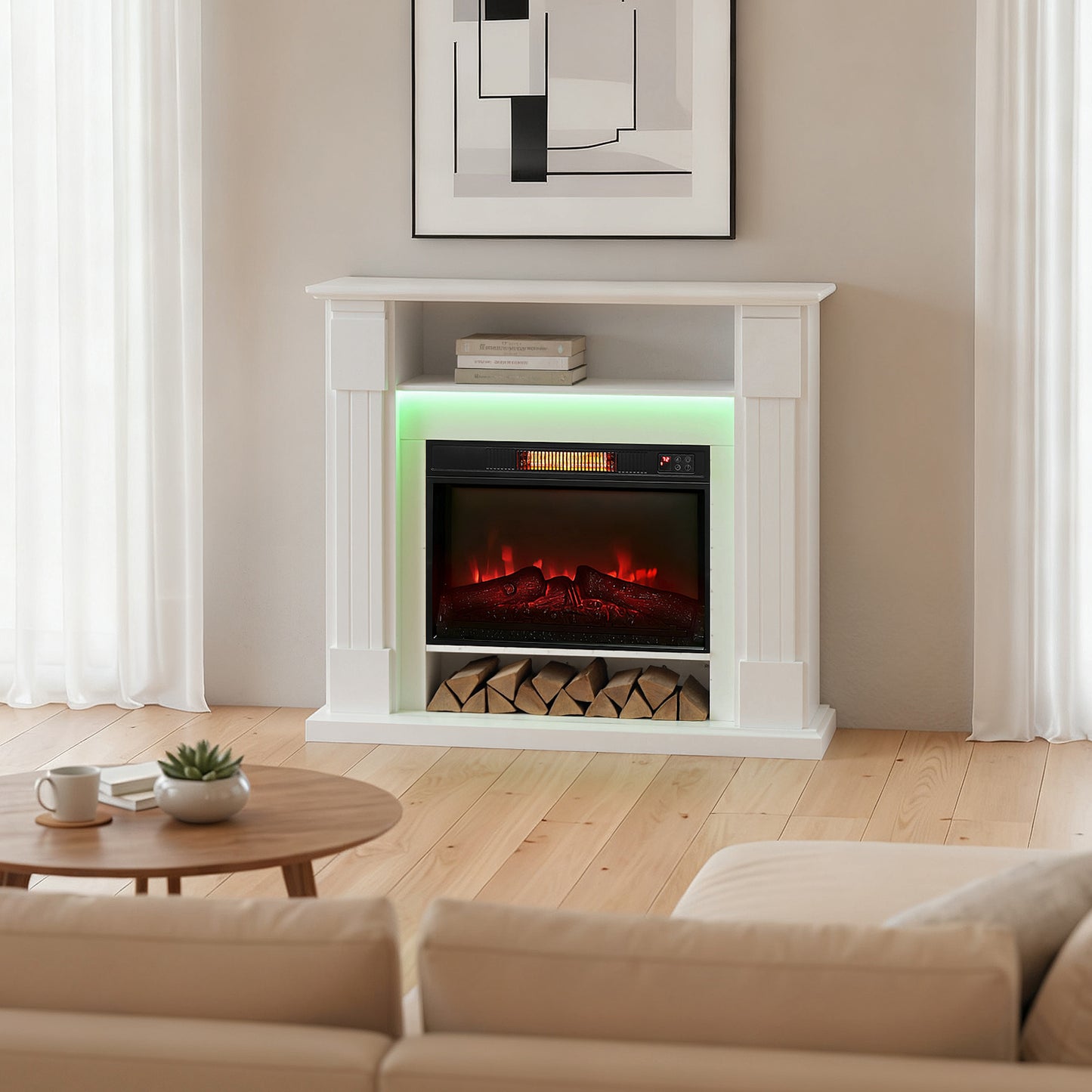 1800W Inset Electric Fireplace with RGB LED Lights, White