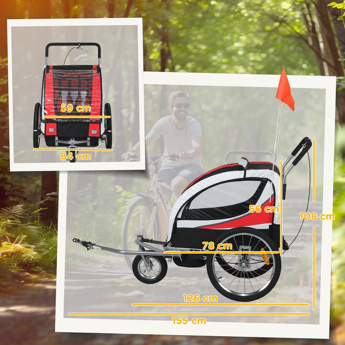2 Seat Child Bike Trailer, Baby Bicycle Trailer for 2 Kids, Red