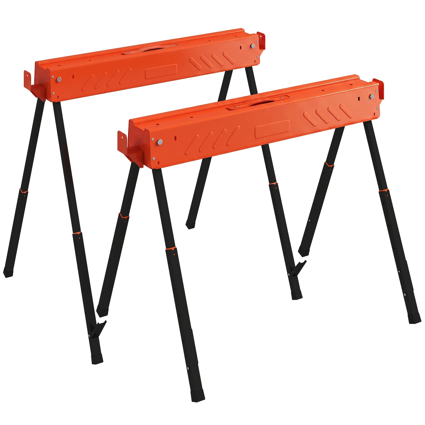 Saw Horses Twin Pack, Folding Work Bench Sawhorses with Height Adjustable Legs, 2x4 Bracket, Carry Handle, Non-Slip Feet for Woodworking, Carpenter, DIY, Supports Up to 500 kg, Orange