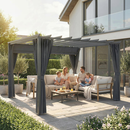 3.6 x 3 m Aluminium Pergola with Retractable Roof Canopy, Curtains