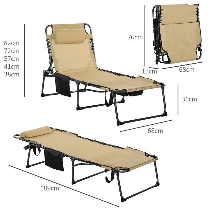 Folding Sun Lounger with 5-level Reclining Back, Outdoor Tanning Chair with Reading Hole, Side Pocket, Headrest