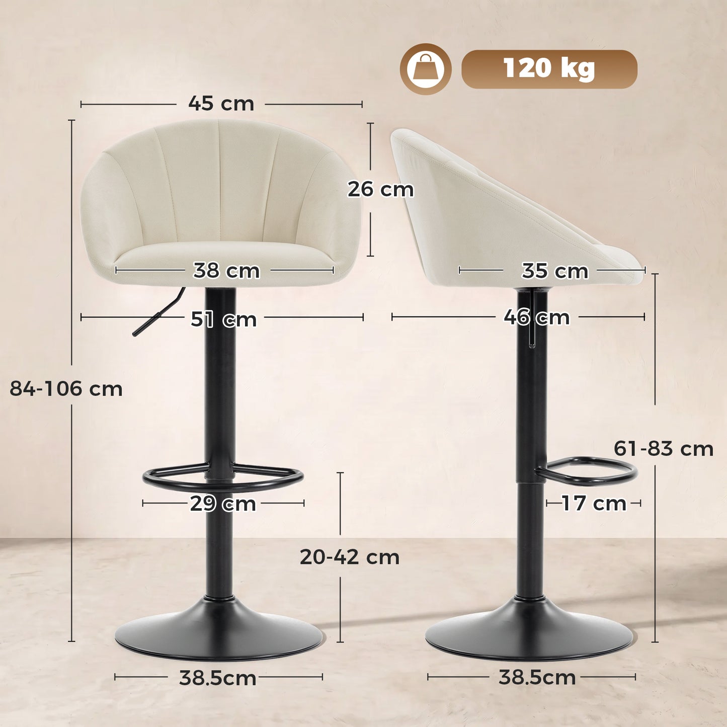 Bar Stools Set of 2 Velvet Adjustable Swivel Cream White