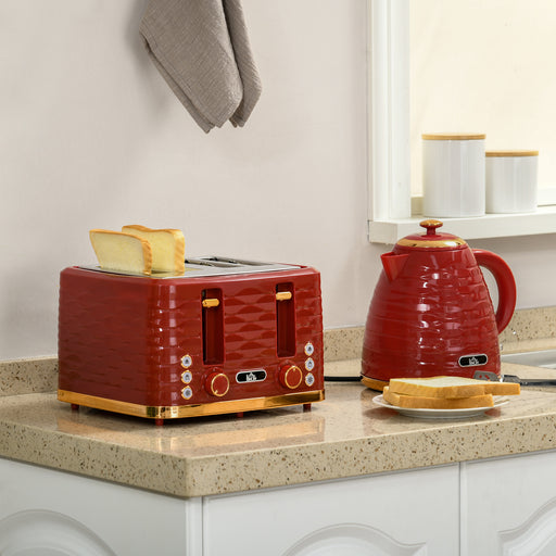 3000W 1.7L Rapid Boil Kettle & 4 Slice Toaster, Kettle and Toaster Set with 7 Browning Controls and Crumb Tray, Red