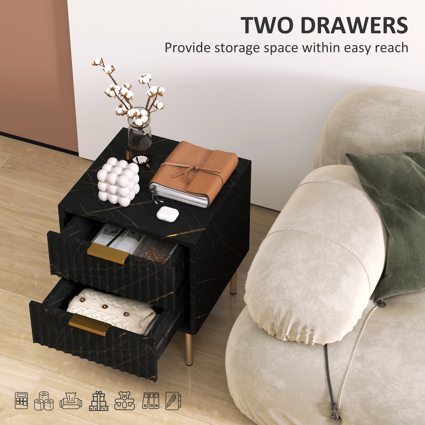 Bedside Table Bedside Cabinet with 2 Drawers for Bedroom, Black
