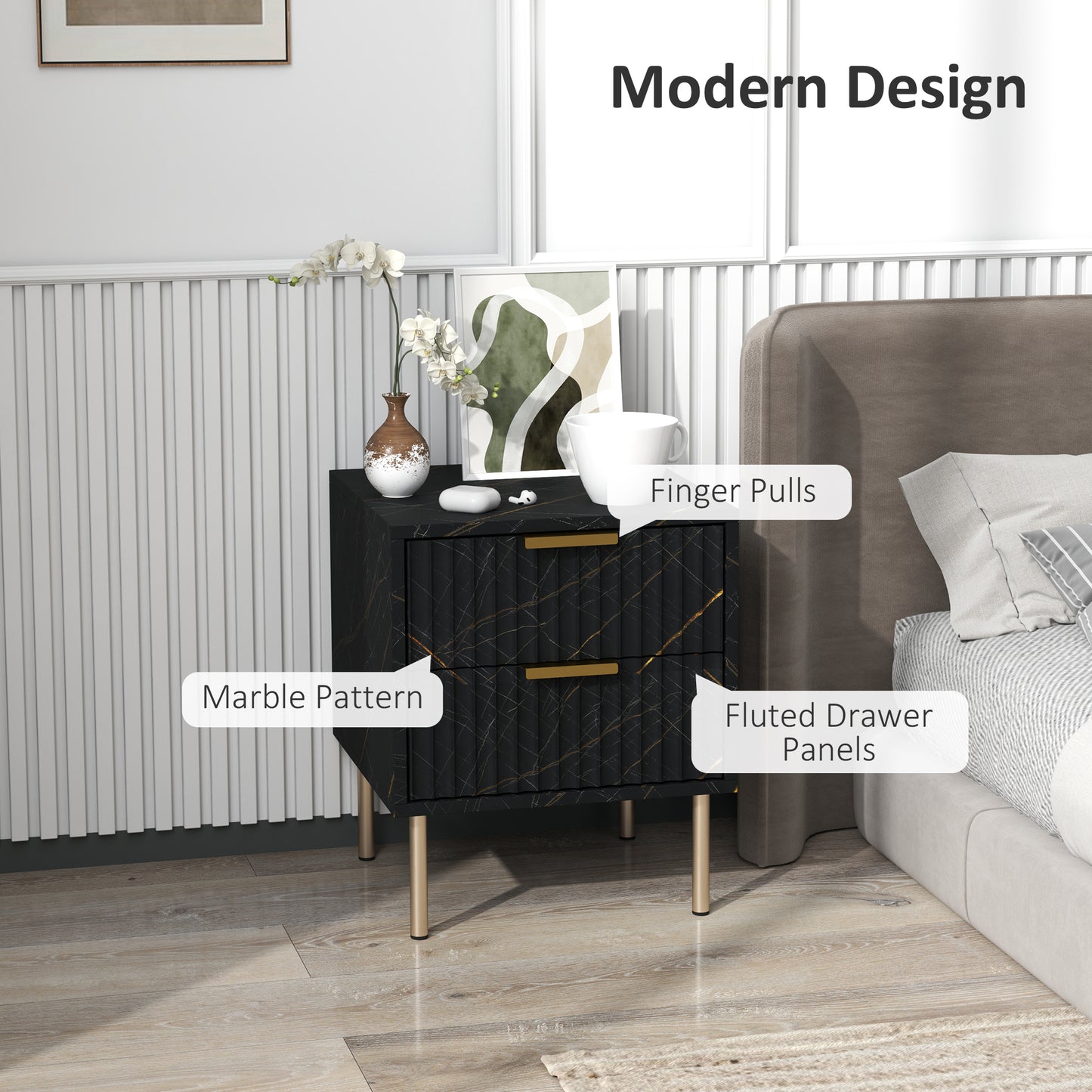 Bedside Table Bedside Cabinet with 2 Drawers for Bedroom, Black