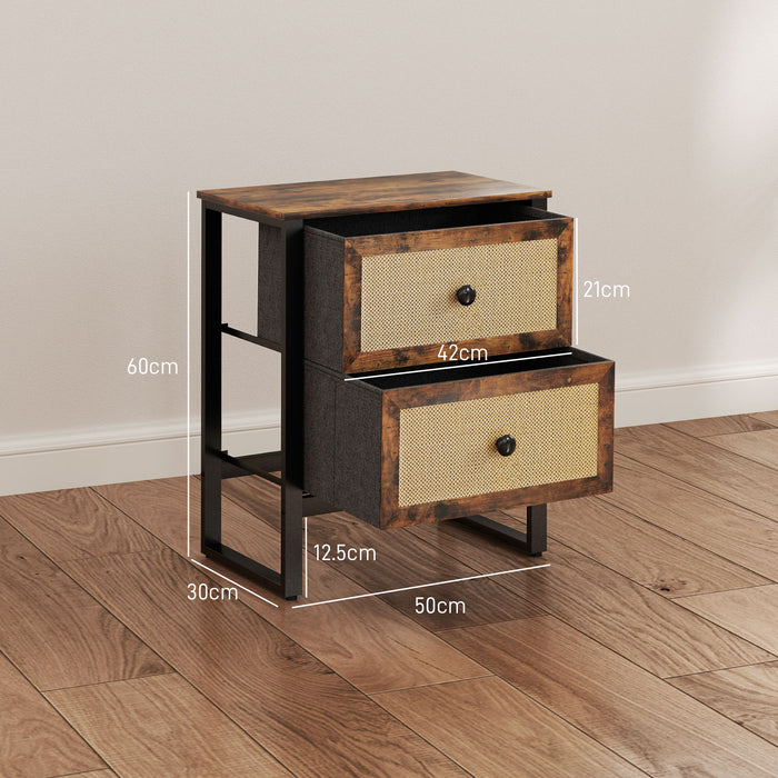 Bedside Table, Side Table with 2 Rattan Drawers, Bedside Cabinet with Storage and Steel Legs for Bedroom, Living Room, Rustic Brown