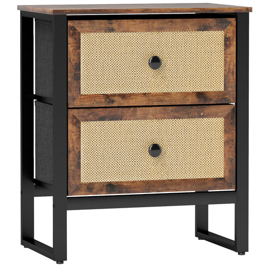 Bedside Table with 2 Rattan Drawers and Steel Legs, Rustic Brown
