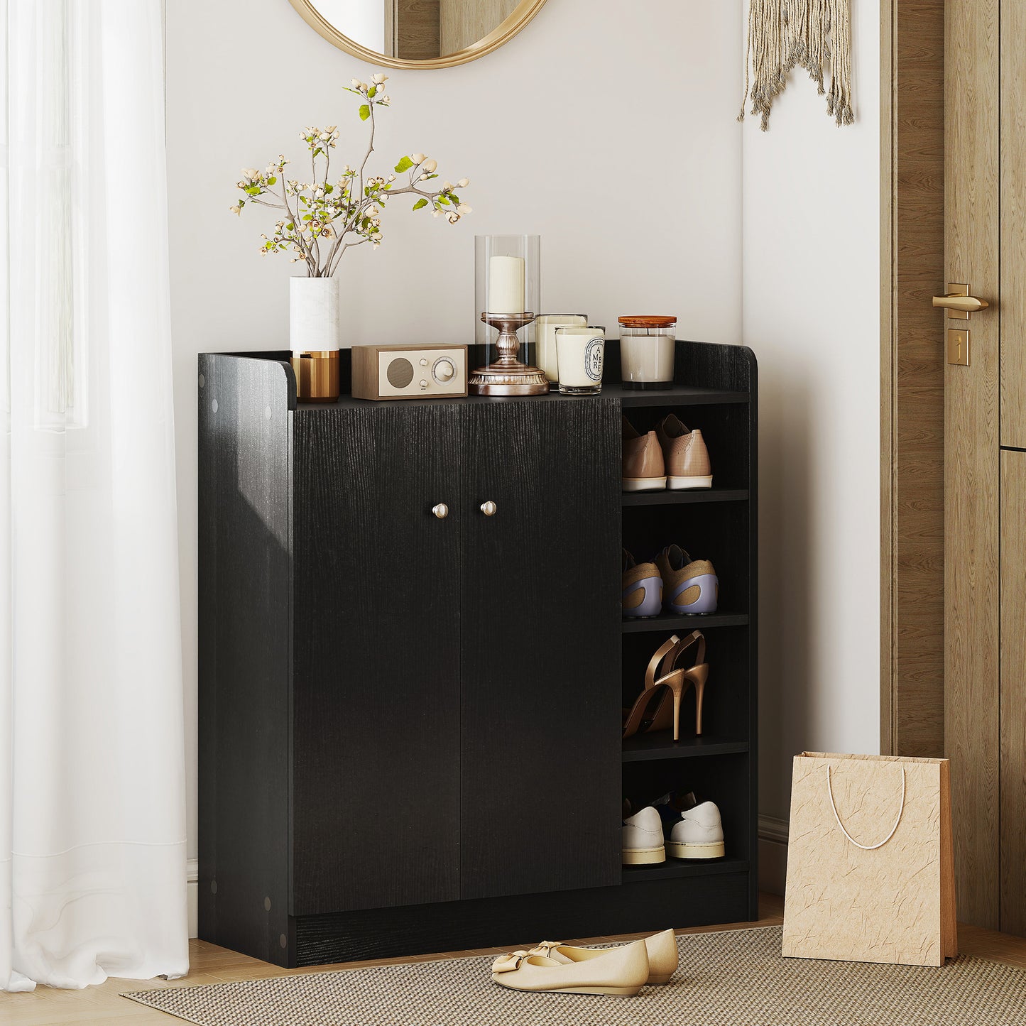 Shoe Storage Cabinet Footwear Rack Stand w/Adjustable Shelves Black