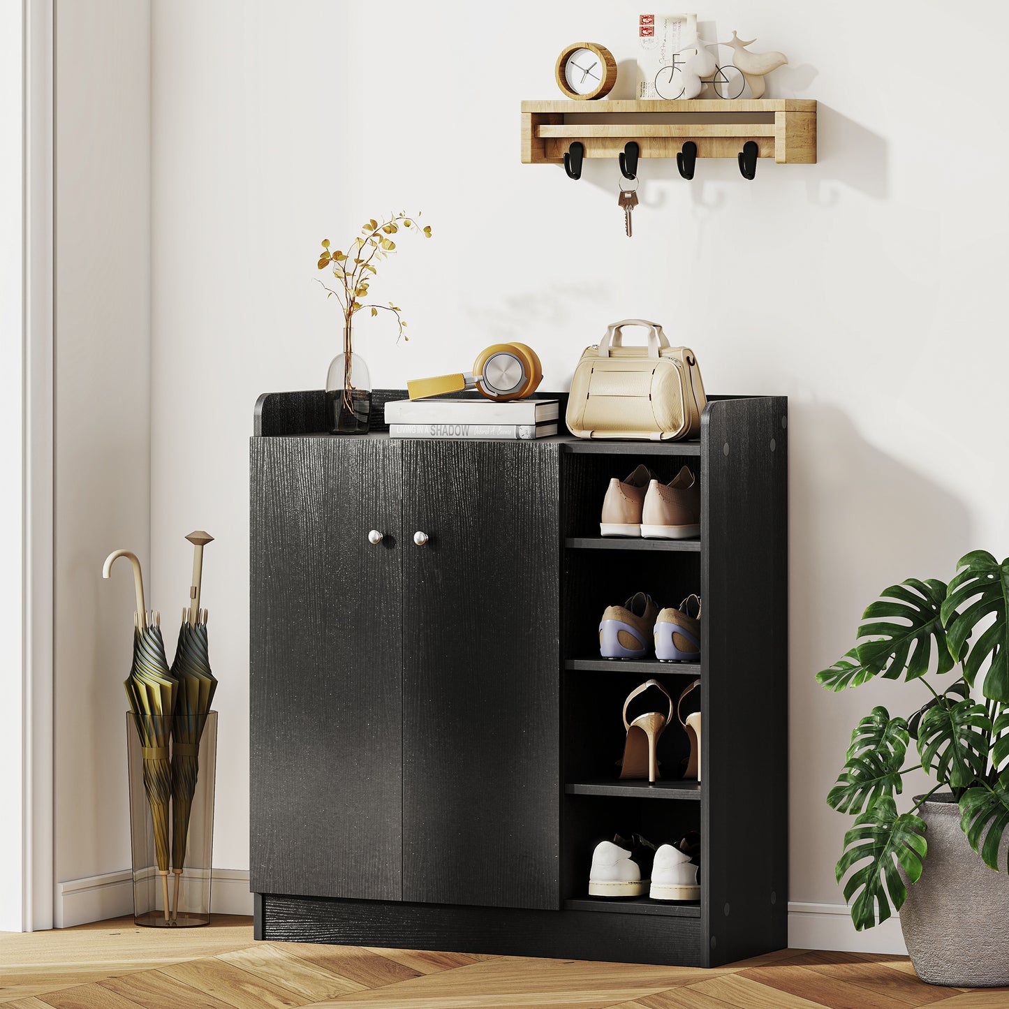 Shoe Storage Cabinet Footwear Rack Stand w/Adjustable Shelves Black