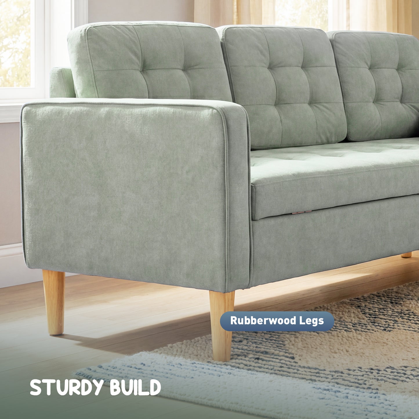 Modern 3 Seater Sofa with Hidden Storage and Rubber Wood Legs