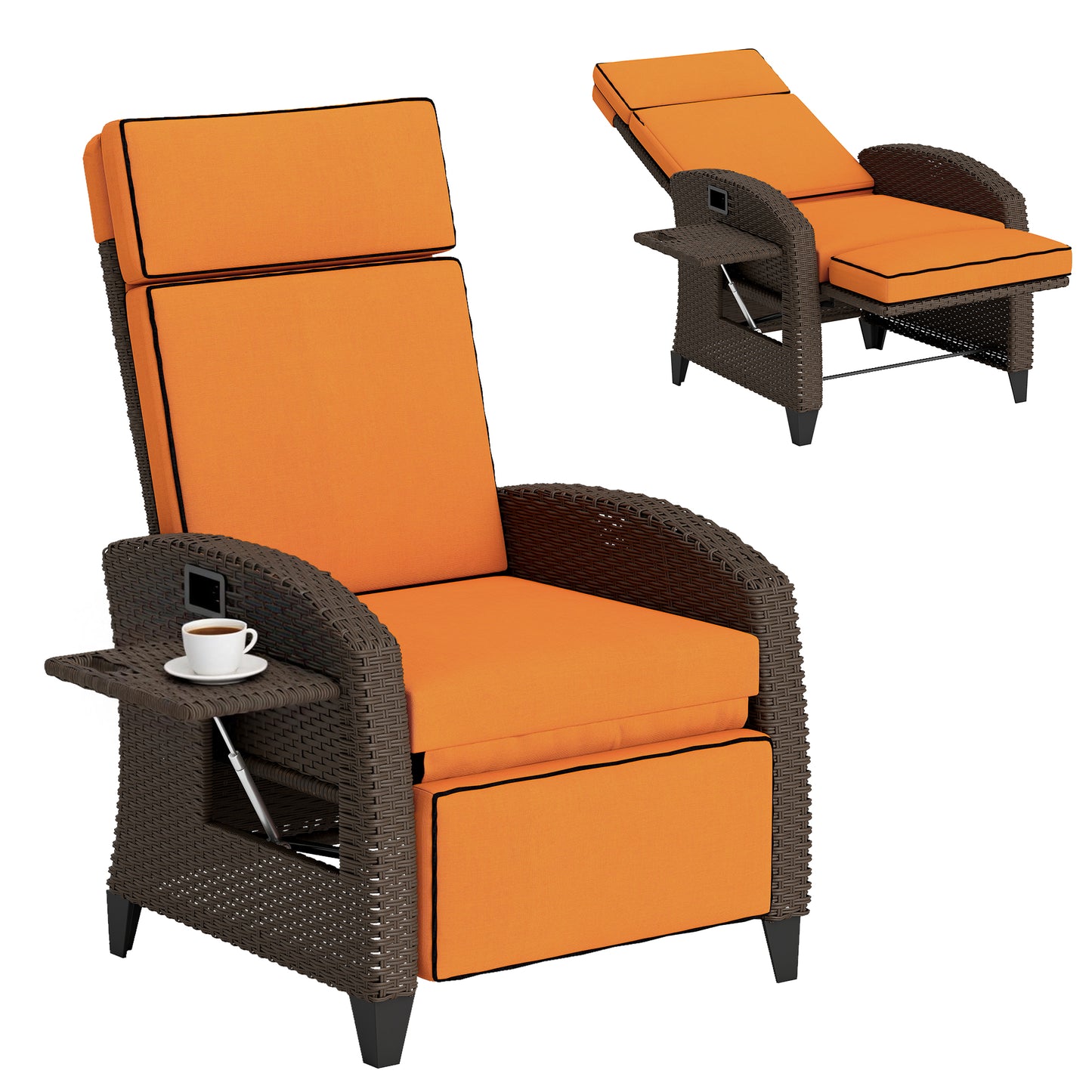 Garden Recliner with Cushion, Rattan Recliner Chair with Armrests