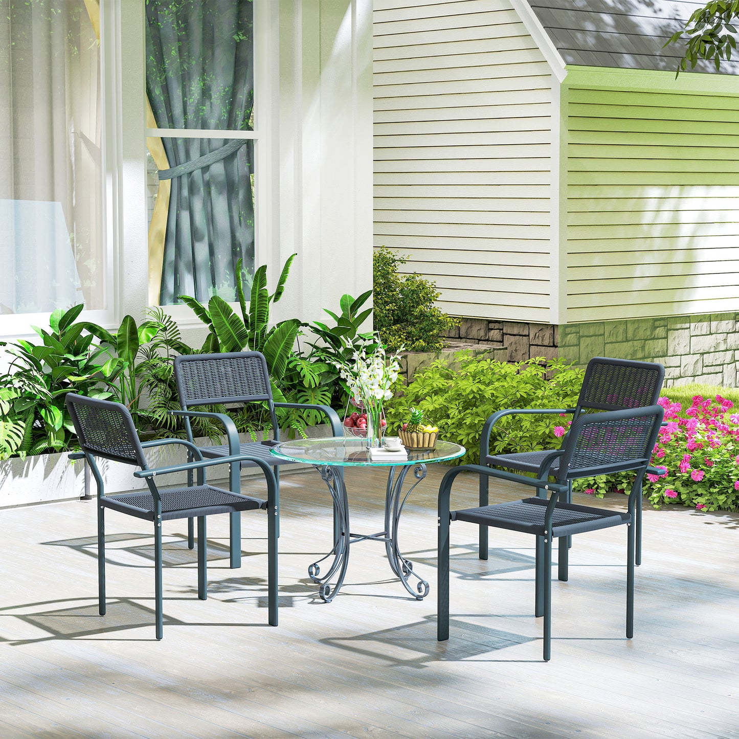 Garden Chairs Set of 4, Stackable & Rattan Effect, Dark Grey