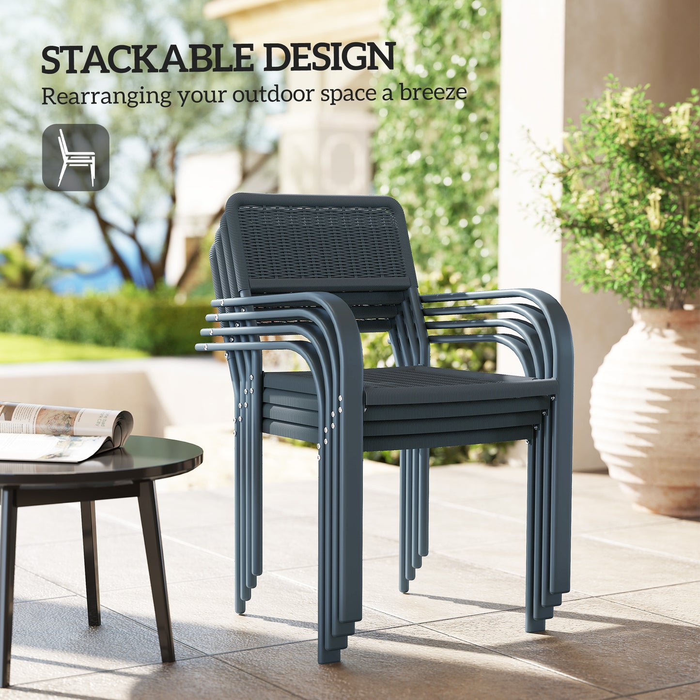 Garden Chairs Set of 4, Stackable & Rattan Effect, Dark Grey