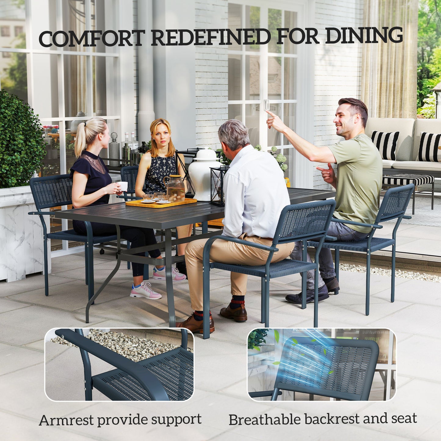 Garden Chairs Set of 4, Stackable & Rattan Effect, Dark Grey