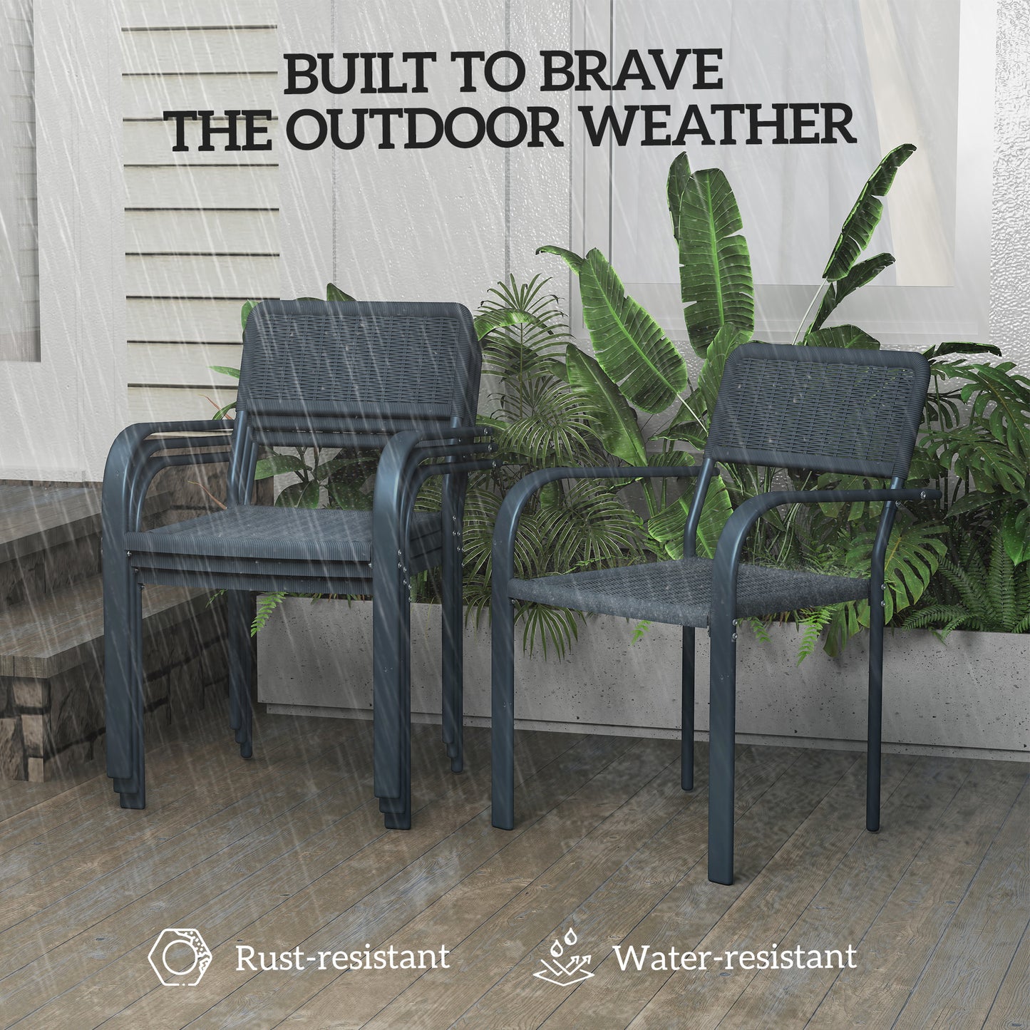 Garden Chairs Set of 4, Stackable & Rattan Effect, Dark Grey